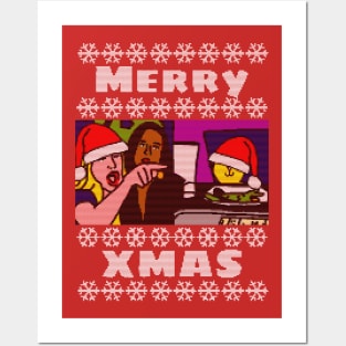 Woman Yelling Merry Xmas at Christmas Santa Cat Posters and Art